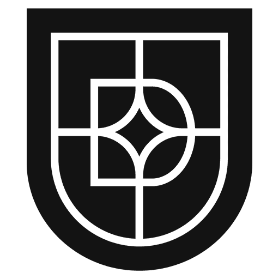 Zwart-wit logo van de University of the People in de vorm van een gestileerd schild met geometrische patronen.