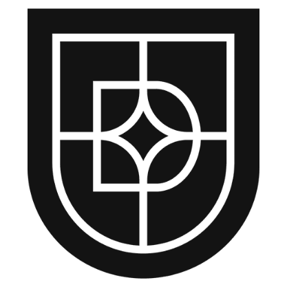 Zwart logo van Huyze Drost in de vorm van een schild met een gestileerd geometrisch patroon.