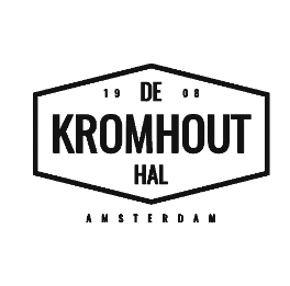 Zwart logo van De Kromhouthal Amsterdam in een zeshoekige vorm met tekst.