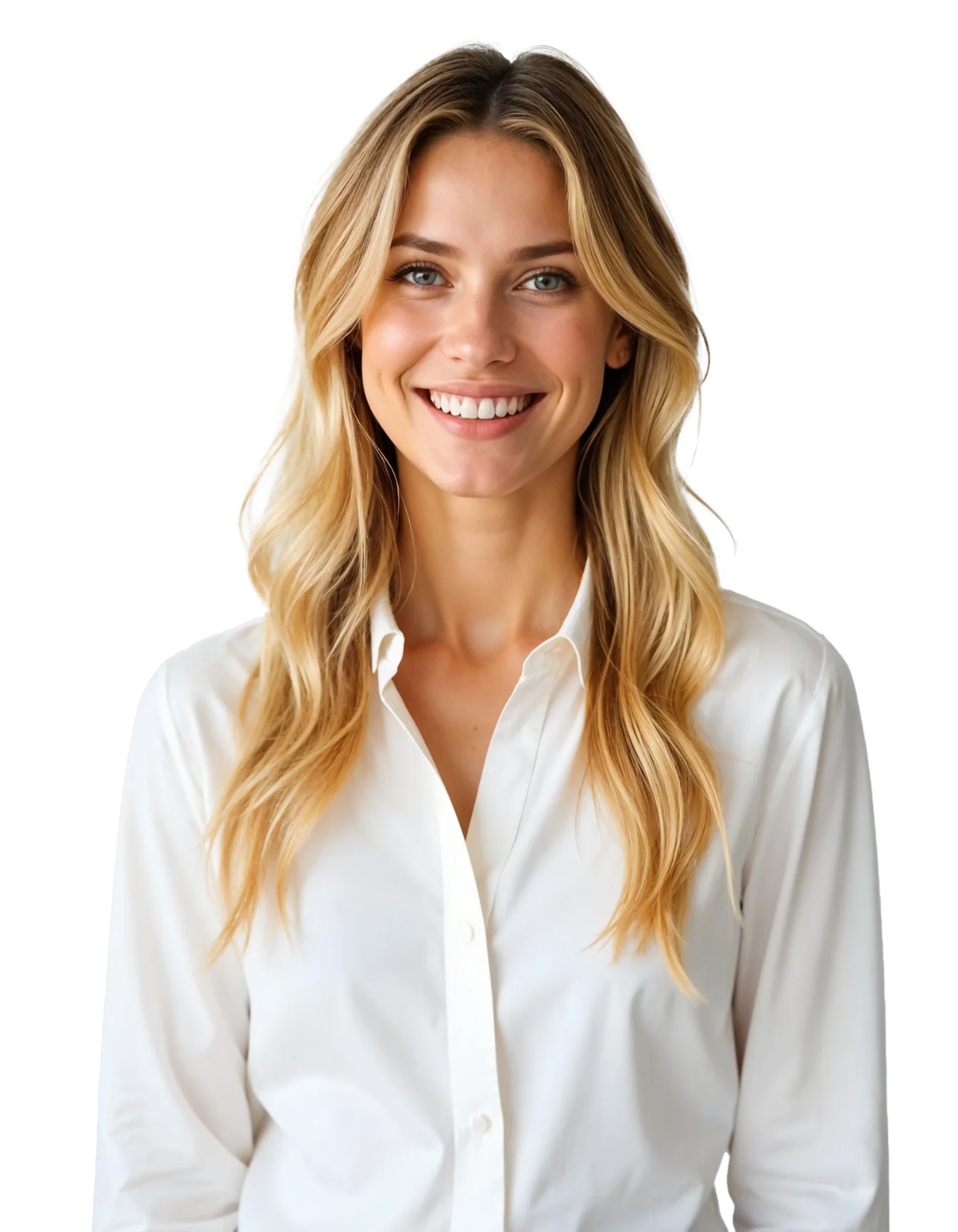 Vrouw met lang blond haar en een witte blouse lacht naar de camera.