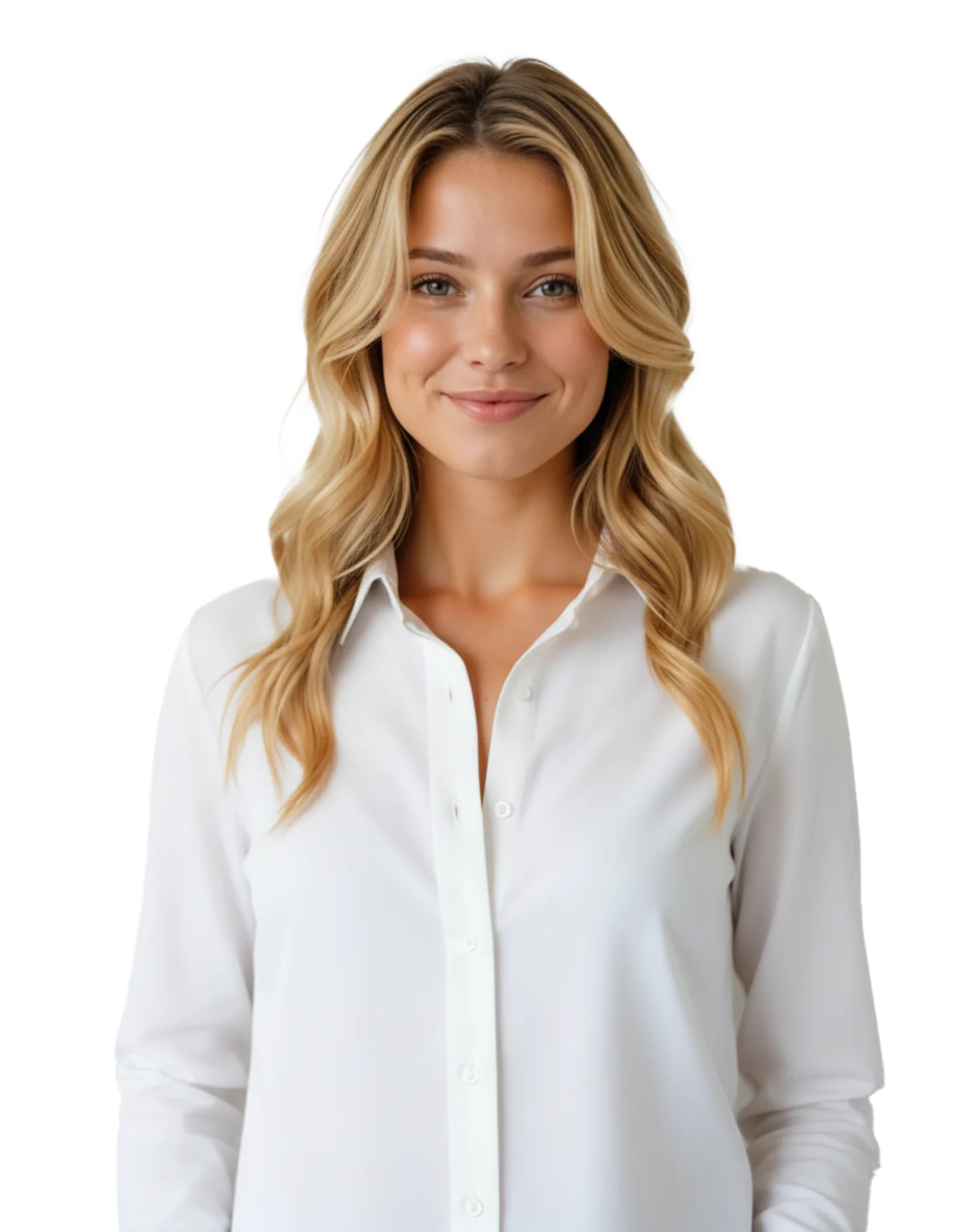 Vrouw met lang blond haar en een witte blouse staat rechtop en glimlacht naar de camera.