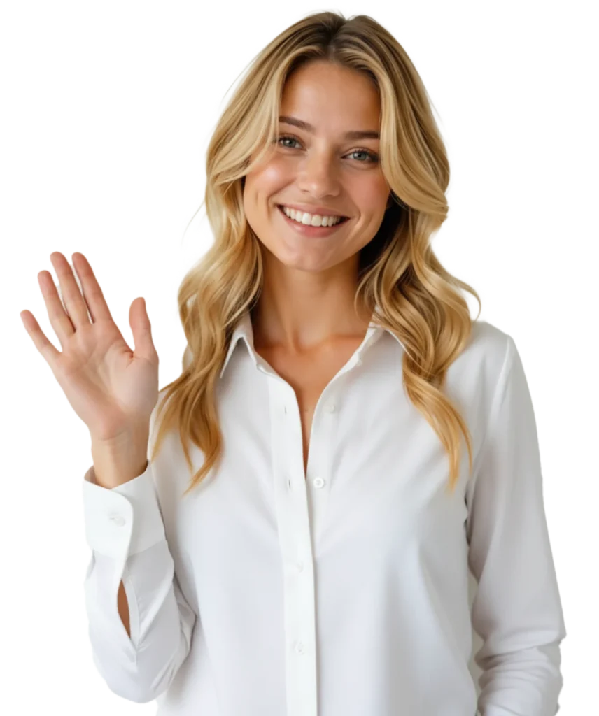 Vrouw met blond haar in een witte blouse die glimlachend naar de camera zwaait.