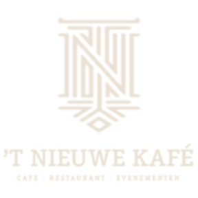 Logo van ’t Nieuwe Kafé met gestileerde initialen en de woorden bar, restaurant en evenementen.