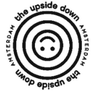 Logo van The Upside Down Amsterdam met een gestileerd omgekeerd gezicht en cirkelvormige tekst.